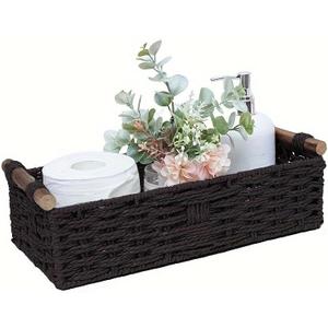 Black Paper Rope Storage Basket with Wooden Handle  Handwoven Decorative Wicker Basket for Organizing Toilet Tank, Countertop, Cosmetics & Toilet Paper  1PC