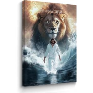 BJYCHG Pictures of Jesus Christ Framed God Lion King Walking on Water Canvas Prints Jesus Christian Painting Religious Artwork Church Office Decor (24L x 16W)