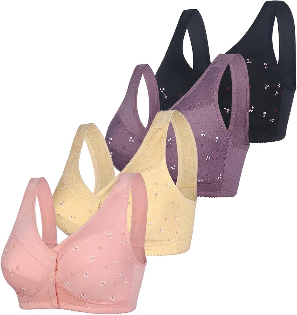 Womens Daisy Bra Front Closure Sports Bras Beauty Back Full Coverage Comfor Easy Close Bra Front Buckle Corset Beige (44, Beige Black Pink Purple 4pcs)