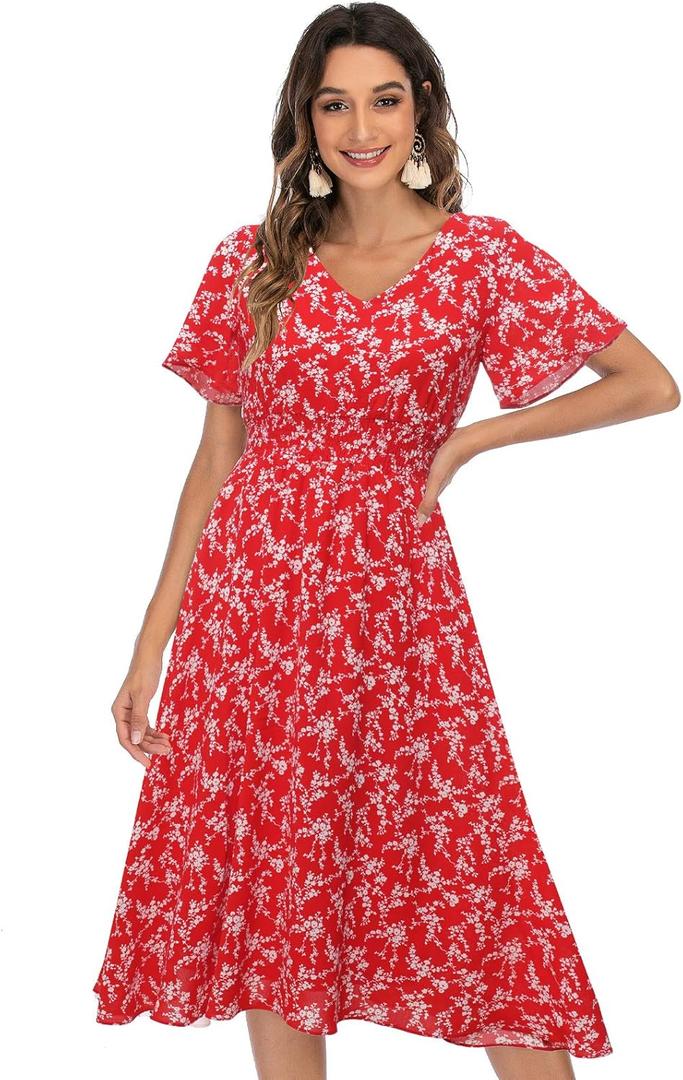 Gardenwed Chiffon Floral Dresses Summer Midi Wedding Guest Dress V Neck for Women Elastic Waist (X-Large)