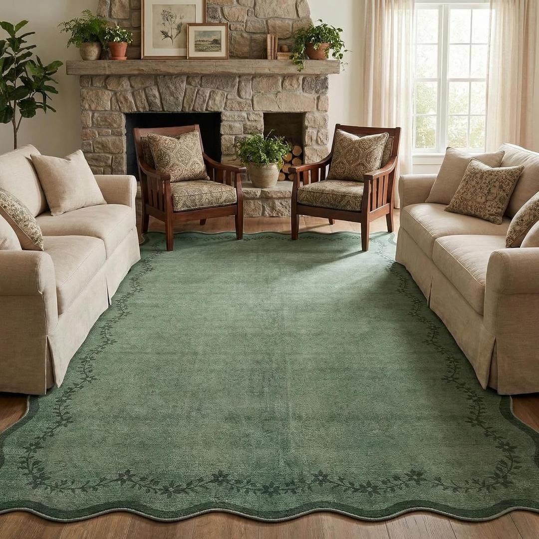 GarveeHome Scalloped Area Rugs 8x10 for Living Room, Dark Green Large Washable Rug Soft Non Slip Backing Floor Mat Carpet Indoor Thin Rug for Bedroom Dining Room Playroom Nursery Home Decor
