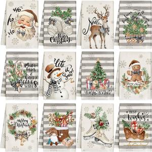 VitalCozy 12 Pcs Christmas Kitchen Towels and Dishcloths Absorbent Stripe Christmas Tree Reindeer Santa Claus Gingerbread Hand Dish Towels Decoration for Xmas Home Gift Supplies, 14.2 x 21.3 Inch