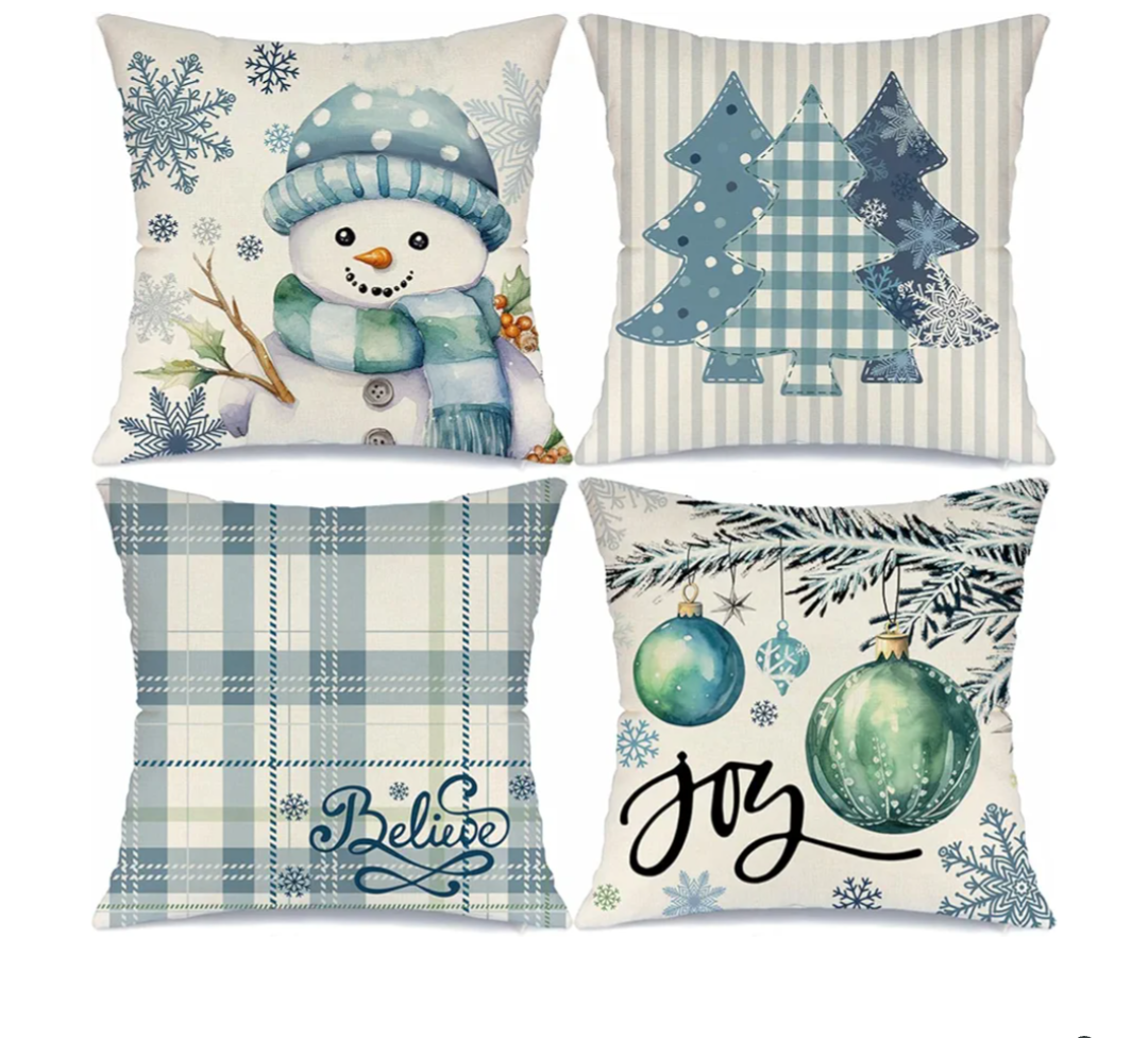 Christmas Winter Snowman Joy Snowflake Throw Pillow Covers Xmas Tree Pillow Covers 18x18 Set of 4 Winter Holiday Buffalo Plaid Cushion Case Decoration for Sofa Couch