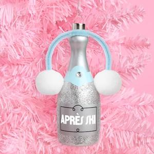 xo, Fetti Après Ski Champagne Bottle Ornament | Silver Glitter Holiday Tree Decoration, Winter Cabin Christmas Decor, Cute Mountain Stocking Stuffer