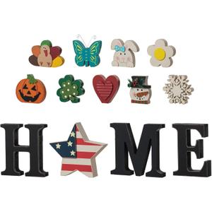 Glitzhome Interchangeable Home Table Signs with 13 Pcs Seasonal Icons, Wooden Changeable Home Sign for Holiday Decor, HOME Letter Sign Ornaments Set Interchangeable Holiday Decorative Shelf Blocks