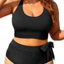 Plus Size Two Piece Swimsuits - Women High Waisted Bikini Scoop Neck Bathing Suit Swimwear (Black, 24W)