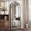 58" x 21" Arched Full Length Floor Mirror, Farmhouse Window Pane Mirror with Metal Frame, Decorative Leaning or Wall Mounted Mirror for Bedroom, Living Room, Entryway, Black