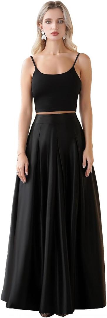 Women's Front Pleated Back Elastic Formal Prom Party Maxi Skirt A-Line Satin Skirts with Pockets