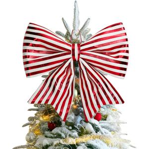 Christmas Tree Bow Decorations, Large Red White Striped Shiny Bows for Xmas Tree Topper Ornaments, Wreaths, Indoor Outdoor Decor, 14x14 Inch (Red White)