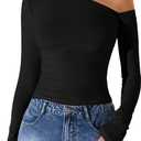 Floerns Women's Solid Asymmetrical Neck T Shirt Long Sleeve Slim Fit Crop Tops (Medium, Black)
