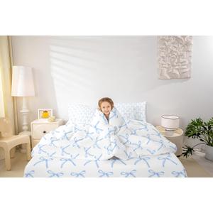 7 Pieces Cartoon Bowknot Kids Comforter Queen Size,Bow Tie Knot Geometric Patchwork Fashion Bedding Set,Hand-painted Sketch Blue NobleComforter+Fitted+Flat+2 Pillowcases+2 Throw Pillow Covers
