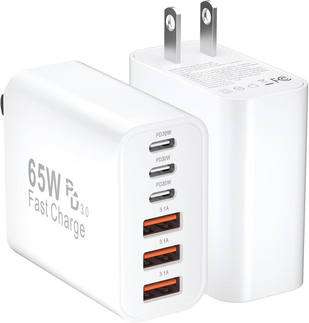 USB C Fast Charger Block iPhone Charger Fast Charging Blocks 65W Multi Port Chargers 6-Ports PD & QC Charging Cube Brick Power Adapter Type C Wall Chargers for iPhone 17/16/15/14/13/12 Pro Max, iPad