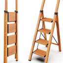WOA WOA 4 Step Ladder, Ladders for Home, Anti-Slip Pedals, Aluminum Step Stool Foldable, Lightweight to Move, Ease of Storage, Reach 9ft for Closet Kitchen Library, Hold 300lbs - Wood Grain