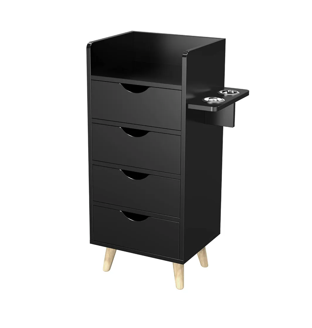 OmySalon 4 -Layer Salon Storage Cabinet,Beauty Barber Salon Styling Station Organizer Equipment,Hair Stylist Station Set with 2 Hair Dryer Holders，4 Drawers and Raised Table Legs, Black