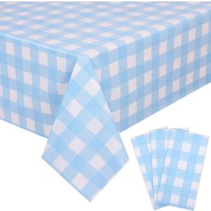 Kesfey 3 Packs Light Blue Gingham Tablecloth Pale Blue and White Checkered Tablecloths 54 x 108 Inches Disposable Plastic Gingham Tablecovers Waterproof Rectangle Picnic Table Cover for Birthday Party