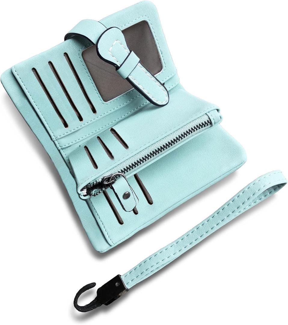 AOXONEL Women's Small Bifold Leather wallet Rfid blocking Ladies Wristlet with Card holder id window Coin Purse (Light Green3)