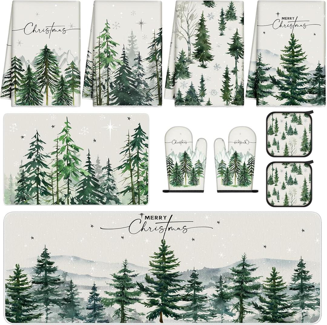 10 Pcs Christmas Kitchen Dish Towels Rugs Oven Mitts and Pot Holders Set Green Christmas Tree Farmhouse Kitchen Decor Set for Women Mom Daughter Gift Cooking Baking