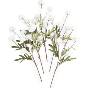 Floroom 5pcs Faux Silk Pompon Mum Artificial Flowers, Bulk Fake Mini Chrysanthemums with Stems for DIY Bouquet Centerpieces Wedding Fillers Arrangements Shower Decorations, White