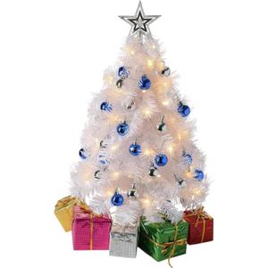 PREXTEX Mini White Christmas Tree with Lights - 23 Inch Small Christmas Tree with Warm White LED Lights, Star Topper, Ornaments, and Gift Boxes - Tabletop Holiday Decor for Indoor and Outdoor Display