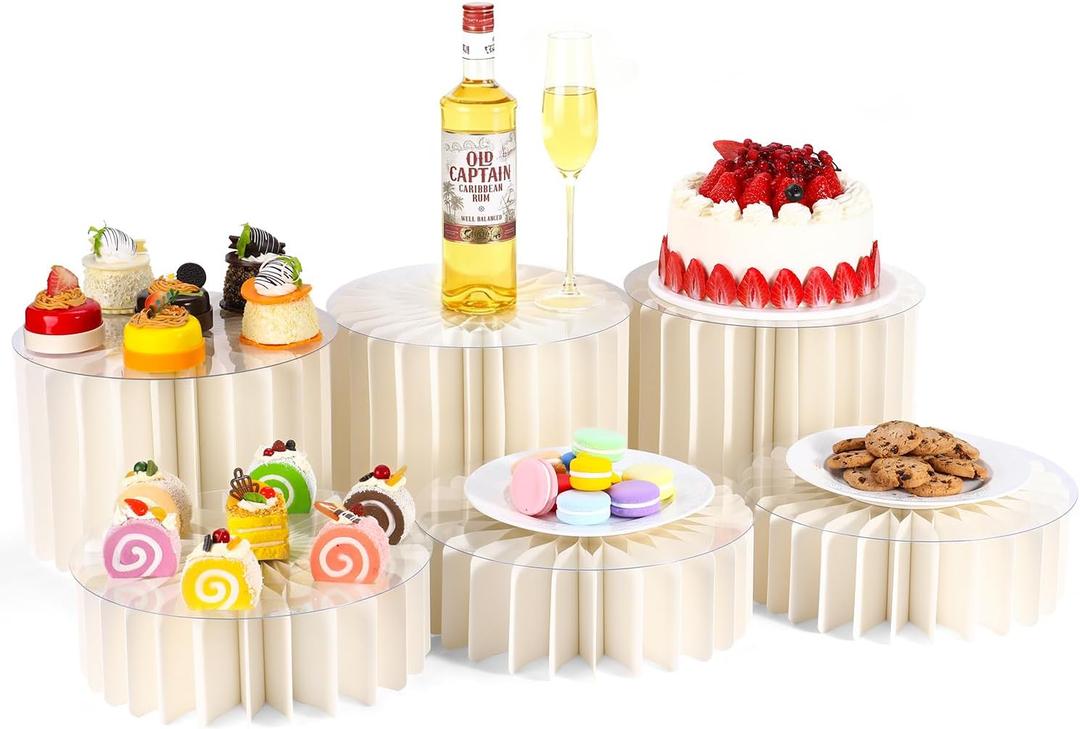 ULLIKI Cardboard Buffet Risers and Stands, Food Risers for Buffet Table, Food Display Stands for Party Catering Dessert Collectibles, White Cylinder Risers with Acrylic Disc (White, 6 Pack)