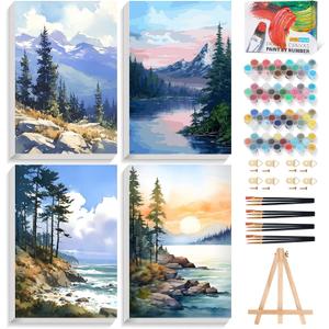 Fountor 4 Pack Framed Paint by Numbers Kit for Adults Beginners with Wooden Easel, DIY Landscape Arts and Crafts for Adults, Painting by Numbers for Home Wall Decor, 8x12 inch (LOP-4P-1101)