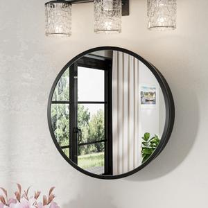 Keonjinn 20 Inch Round Medicine Cabinet with Mirror, Black Medicine Cabinet with Mirrors, Circular Surface Mount Medicine Cabinets, Framed Farmhouse Bathroom Cabinet with Adjustable Shelves