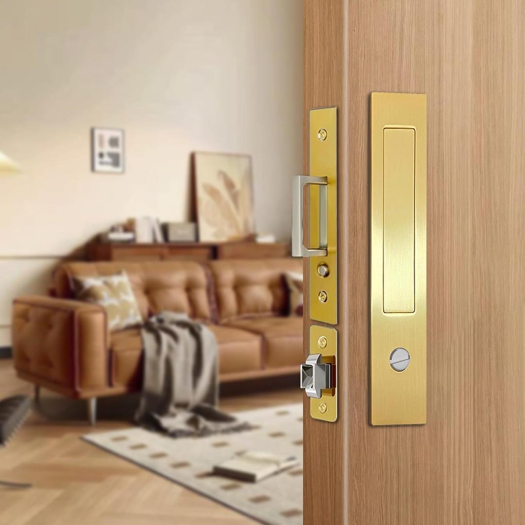 Pocket Door Lock with Handle, Heavy Duty Pocket Door Hardware, Space-Saving Hidden Sliding Door Pull, Privacy Lock Design, Fits Bathrooms, Bedrooms, Dressing Rrooms, Offices(Gold,Privacy Type)