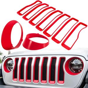 Front Grille Mesh Inserts & Headlight Cover for Jeep Wrangler JL JLU Unlimited Sport & Sport S 2018-2023 Exterior Accessories Clip-in Grille Guard Cover Headlight Bezels Trim Ring (Red 9PCS)