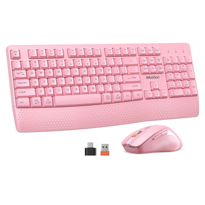 MEETION Wireless Keyboard and Mouse, Full-Sized Cordless Keyboard with Wrist Rest, 3 DPI Adjustable Mouse, Keyboard and Mouse Set with 2.4GHz USB Receiver, for PC/Computer/Laptop/Windows/Mac, Pink