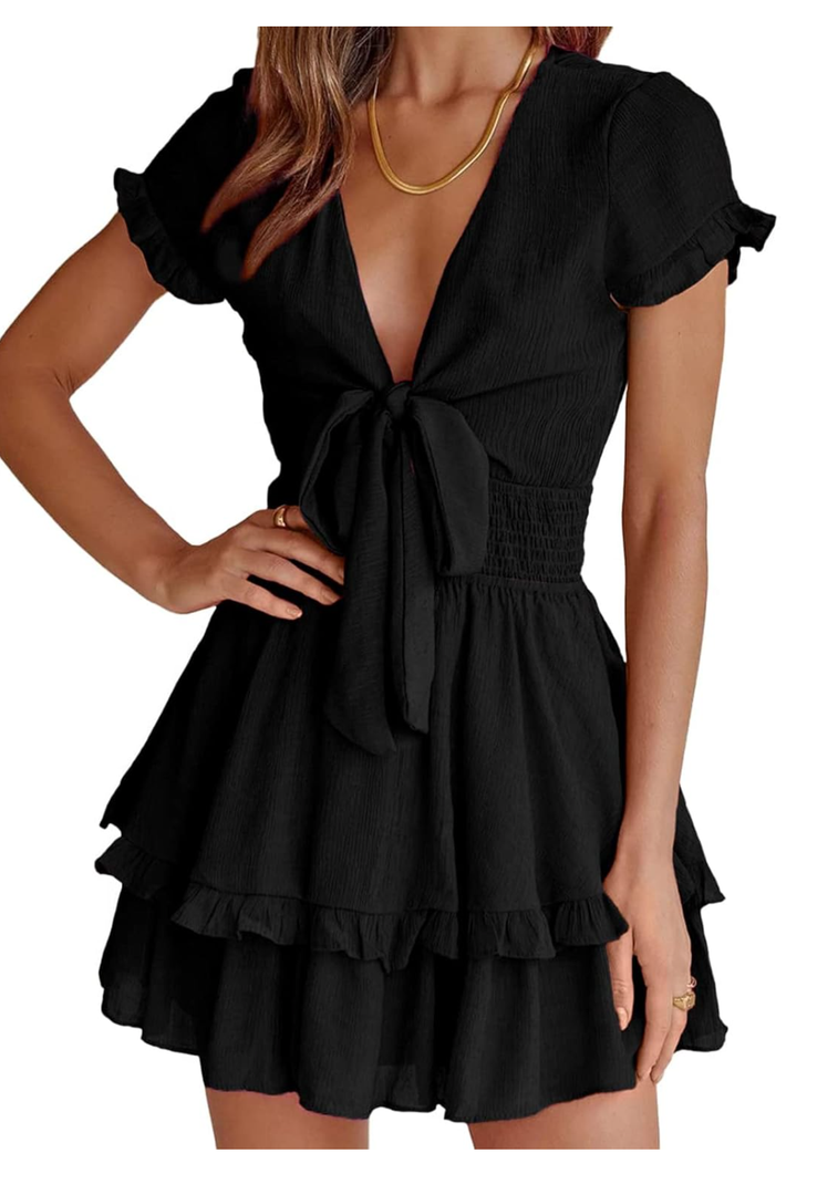 PRETTYGARDEN Women Summer Mini Short Dress 2025 Short Sleeve Casual Beach Vacation Sundress V Neck Tiered Sun Dresses, Black, Size: M
