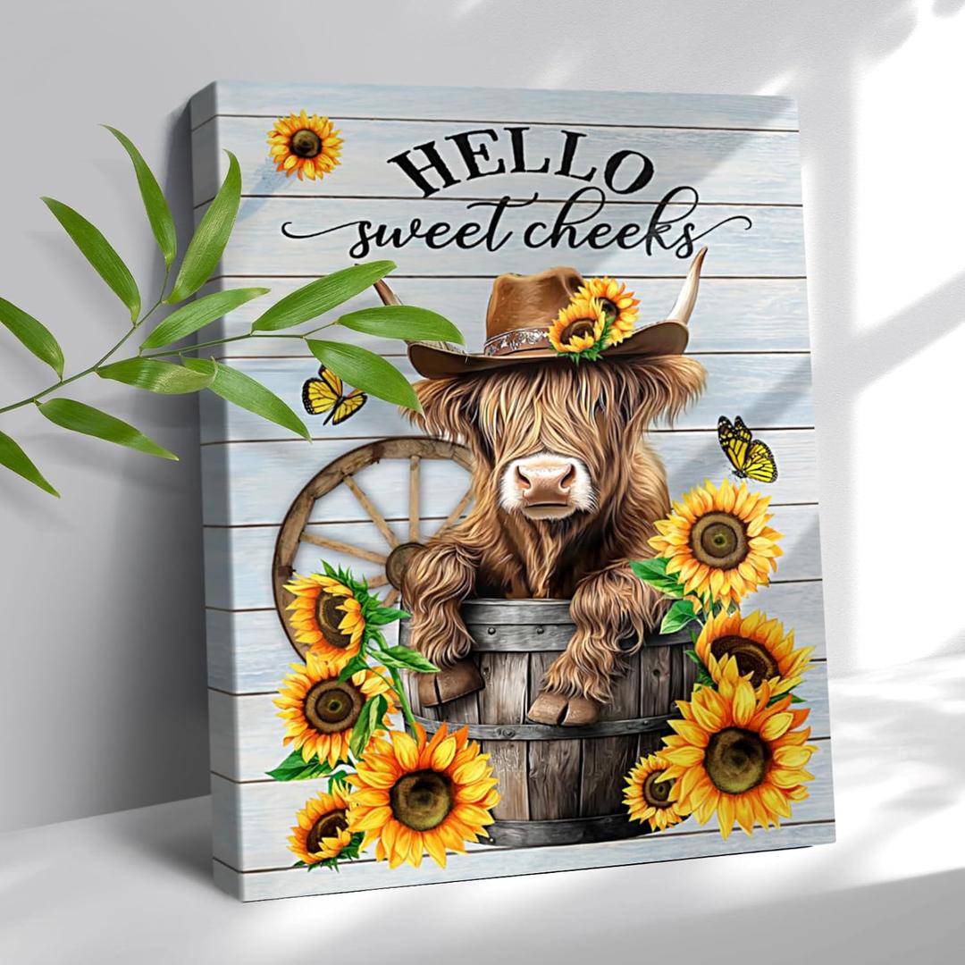 TavoIinda Western Retro Highland Cow and Sunflower Canvas Wall Art, Farmhouse Cow Flower Bathroom Decor, Framed Rustic Cattle Print Painting Pictures for Bathroom Decoration