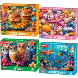 4 Packs 100 Piece Puzzles for Kids Ages 4-6, Jigsaw Puzzles for Kids Ages 6-8 8-10 Sea World, Owls, Hamburger, Starfish Learning Educational Toys for Boys and Girls