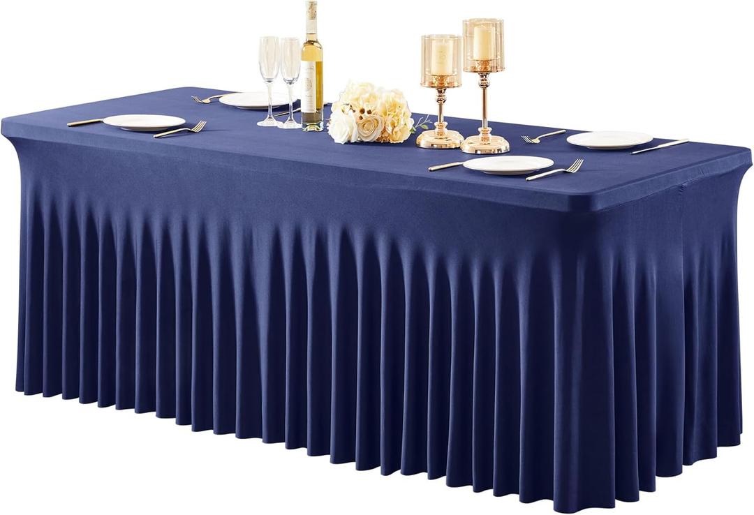 1 Pack Navy Blue Table Clothes for 6 Foot Rectangle Tables, One-Piece Wrinkle Resistant Stretch Spandex Table Covers with Table Skirt for Event Banquet Wedding Birthday Party