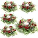 Lyrow 4 Pcs Christmas Candle Rings Wreath Xmas Kitchen Cabinet Mini Wreath Artificial Berries Snowy Pine Candle Ring Holder for Christmas Chandelier Home Table Centerpiece Indoor Decor