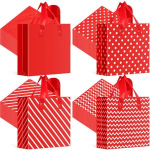 Tenceur 100 Pcs Plastic Christmas Gift Bags with Handle Red and White Stripes Polka Dot Shopping Bags 13'' x 10'' Large Merchandise Tote Bulk for Christmas Holiday Party Favor Gift Wrapping