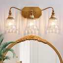 LmnLvn Gold Bathroom Vanity Light Fixture, 3 Lights Bathroom Lighting Matte Antique Brass Finish with Crystal Glass Shade, Gold Vintage Vanity Light for Bathrooms