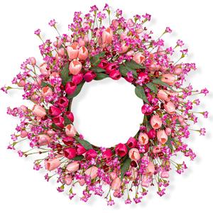J'FLORU 22 Inch Valentines Day Wreath Pink Valentine's Day Wreaths for Front Door Tulip Wreath with Red Hearts and Berries for Valentine Wedding Anniversary Candlelight Dinner