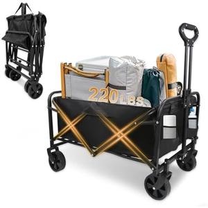 Heavy-Duty Collapsible Wagon Cart with Wheels, Lightweight Foldable Utility Cart with Adjustable Handle for Outdoor Use – Ideal for Grocery Shopping, Camping, Sports, Fishing, and More (Black)