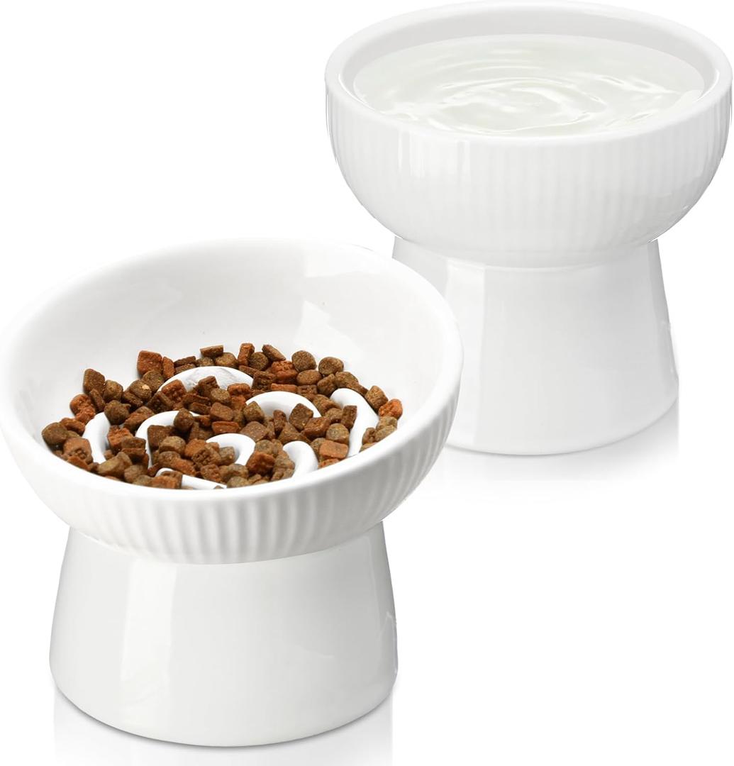 2 Pcs Raised Cat Slow Feeder Bowl Ceramic Elevated Cat Bowls, No Spill High Edge, Anti Vomiting for Pets Kitten Puppies Dry Wet Food and Water, Dishwasher Safe