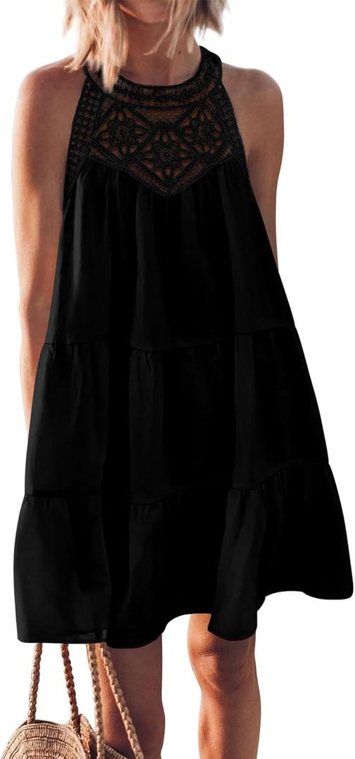 BTFBM Women Summer Dresses 2025 Casual Spring Clothes Sleeveless Halter Neck A-Line Tiered Mini Dress Beach Sundress (Black, L)