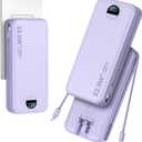 aonidi 20000mAh Ultra-Portable-Charger-Power-Bank PD20W with Built in Cables&AC Wall Plug,Fast Charging Cell Phone Charger Battery Pack,LED Display Travel Battery Bank for All iPhone,Samsung,Android, Purple 