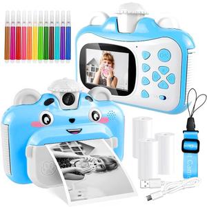 Instant Printing Camera for Kids with Color Pens- Kids Selfie Camera. Image and Video Recorder, 12MP Photo Shooting, 180-Degree Rotating Feature. Gift for Ages 5, 6, 7, 8, 9, 10 (Blue)