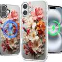 Magnetic Clear Case for iPhone 16 Plus, Floral Printing Pattern Design for Women Girls Shockproof Flower Protective Bumper Non-Yellow MagSafe Case, 6.7 (Pic 8)