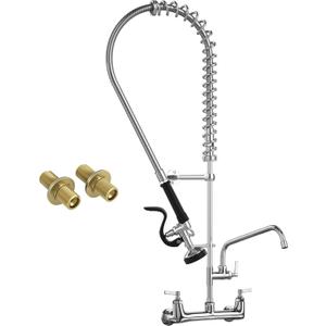 Commercial Faucet with Sprayer, 36" Height 8 Inch Center Brass Constructed Wall Mount Kitchen Sink Faucet with Pull Down Pre-Rinse Sprayer and 12" Swing Spout Fit for 2/3 Compartment Sink
