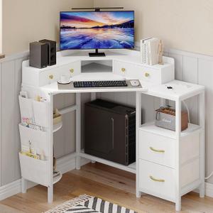 VENNQD Corner Desk with 6 Drawers Shelves for Small Space Computer Desk with Power Outlets,Gaming Desk with Printer Monitor Stand Storage for Home Office Workstation Writing Table (White, 31.5)