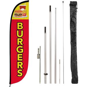 LookOurWay Feather Flag Pole Kit - 12 Feet Tall Advertising Flag Banner with Fiberglass Pole Kit and Ground Spike for Business Promotion - Food & Restaurant Flags - Burgers (10M1200133)
