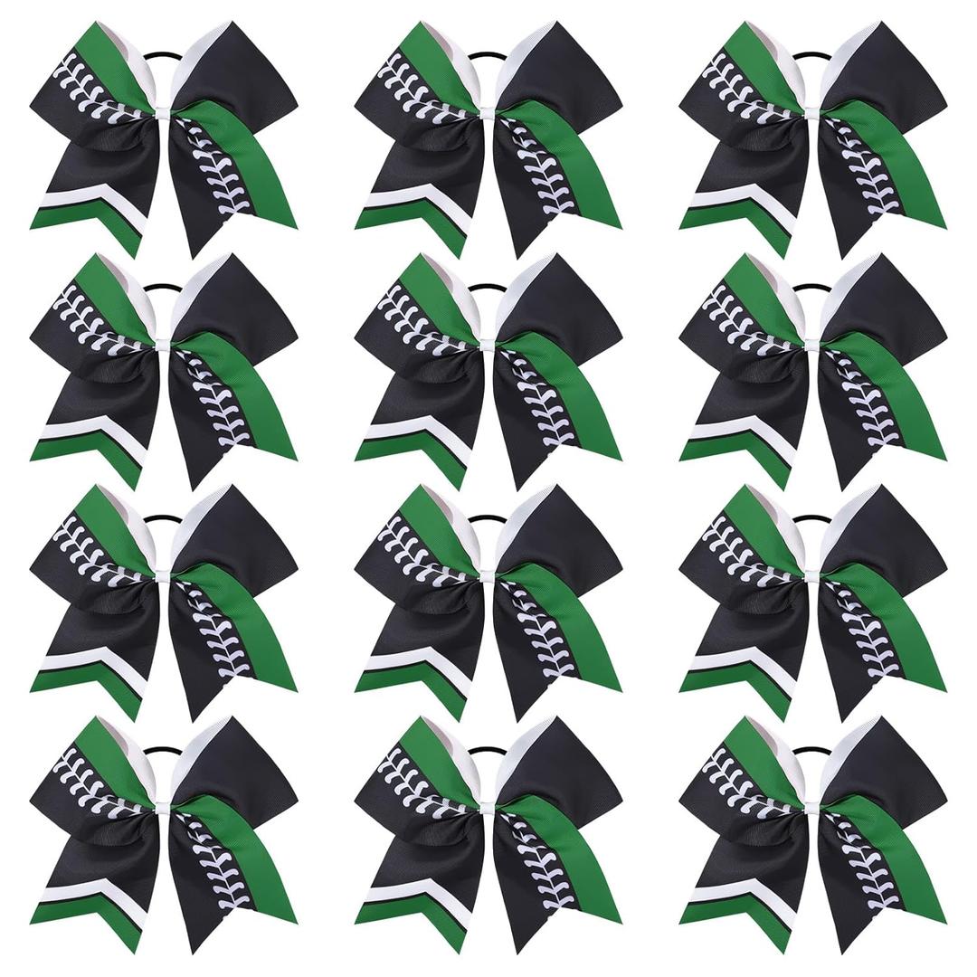 DEEKA 12 PCS Softball Cheer Bows 8" Softball Thread Large Cheer Hair Bows Ponytail Holder Handmade for Teen Girls Sports Cheerleader -Black/Green/White