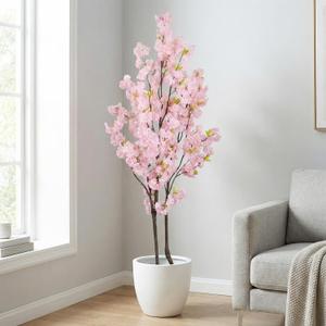 Artificial Pink Cherry Blossom Tree 7ft(84in) Faux Floor Green Plant for Indoor Decor Natural Potted Tree Realistic Cherry Flowers Wood Trunk for Home Living Room,Office Perfect Housewarming Gift