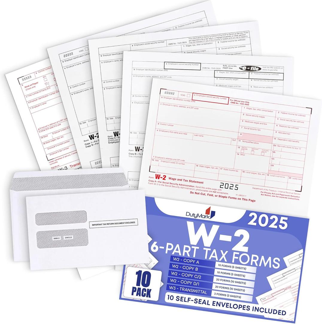 W2 Tax Forms 2025 with Envelopes, 6 Part W2 Kit of Laser Forms for 10 Employees - Compatible with Quick books Software & Laser, Inkjet Printers - with 3 W3s, 10 Self Seal Envelopes Included