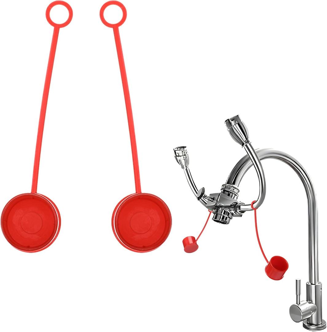 Leinuosen 2 Packs Tethered Dust Cover 1 Inches Eye Wash Faucet Sink Attachment Red Safety Equipment Covers Faucet Mounted Emergency Eye Wash Station Sink Attachment